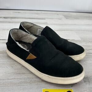 Olukai Pehuea Heu NZ Wool Shearling Lined Black Leather Loafers Womens 8 20391